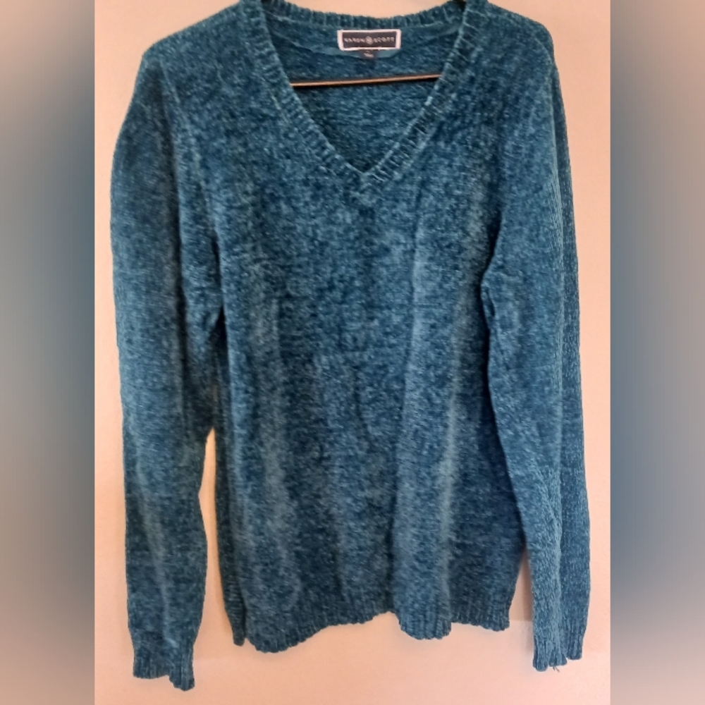 Karen Scott Womens  Blue Soft Chenille Pullover V-Neck Sweater Sz Large
